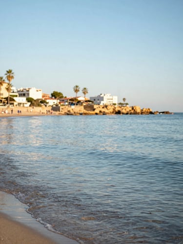 Vibrant editorial photography of a sunny morning at Los Alcázares beach, calm blue water of Mar Menor, warm Mediterranean sunlight, shallow depth of field, 35mm