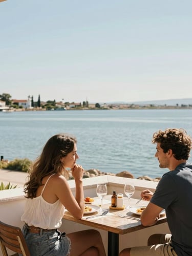 Wide environmental shot of a couple dining on a sunny terrace in Los Alcázares overlooking the calm Mar Menor lagoon, warm Mediterranean sunlight, 35mm