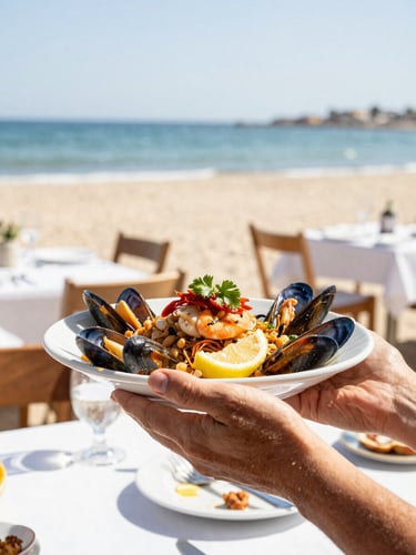 A sun-drenched close-up of hands holding a fresh seafood dish at a beachside restaurant in Mar Menor, bright warm Mediterranean sunlight, 35mm photography