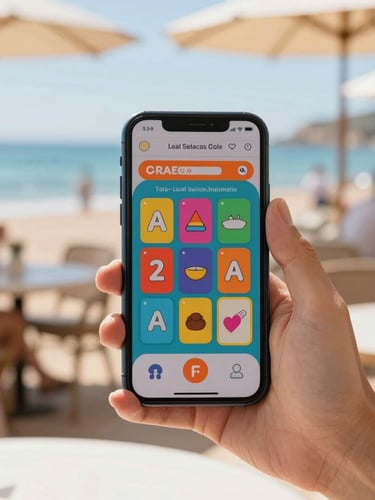 Close up of a hand holding a smartphone displaying a colorful digital scratch card game, bright outdoor cafe setting in Spain, warm sunlight, 35mm