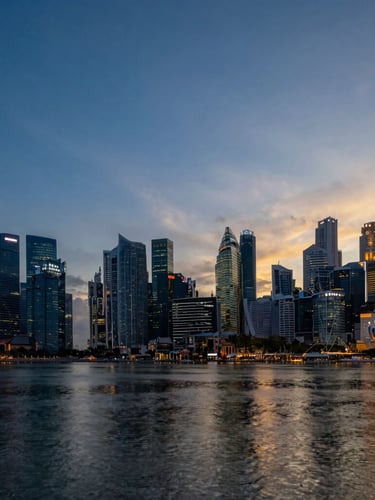 High-contrast architectural wide-angle of Singapore skyline at twilight, sharp geometric lines of modern skyscrapers reflecting off the water under deep blue and gold sky.