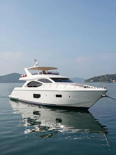 Architectural wide-angle shot of a luxury private yacht anchored in Langkawi waters, bright daylight, reflections on clean water, high-end hospitality setup visible.