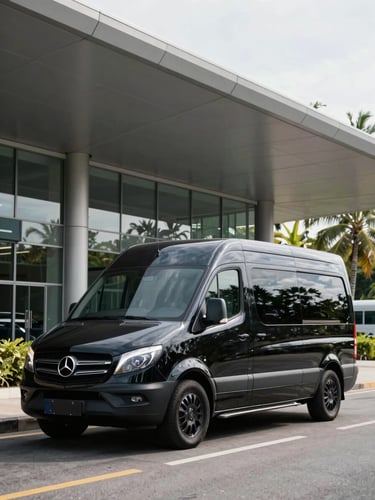 Sleek black executive sprinter van parked outside a modern tropical terminal, sharp architectural lines, high-contrast daylight