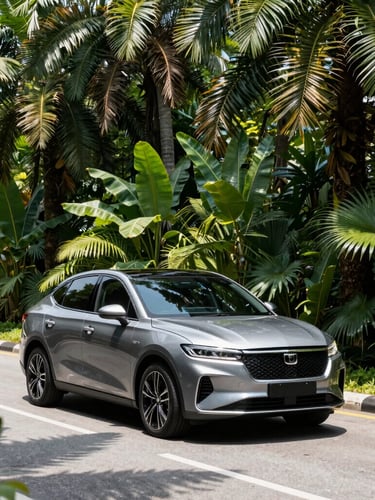 High-contrast architectural shot of a modern luxury vehicle driving through a lush tropical canopy in mainland Malaysia, bright daylight, crisp shadows.