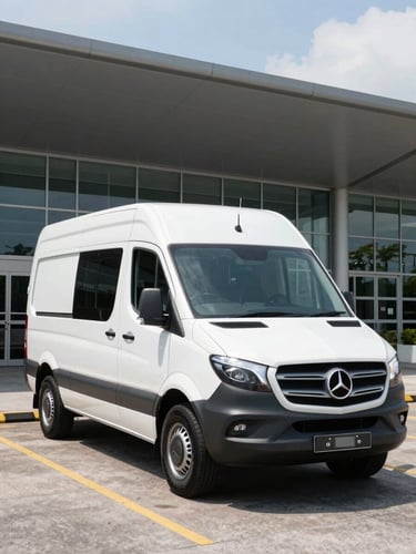 Architectural wide-angle shot of a pristine Mercedes Sprinter executive vehicle parked outside a private aviation terminal in Singapore, bright daylight, sharp clean lines