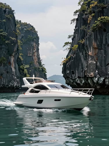 A sleek private motor yacht navigating between sheer limestone karsts in Langkawi, bright daylight, crisp water reflections, architectural framing