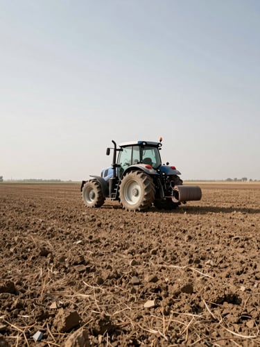 Wide-angle environmental farm landscape with a modern tractor operating in a dry soil field under high-contrast overcast daylight, focusing on soil texture in the foreground.