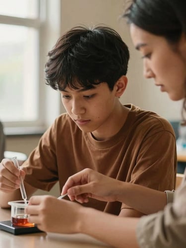 Candid medium close-up of a teacher guiding a high school student through a science project, warm natural window light, authentic collaborative moment.