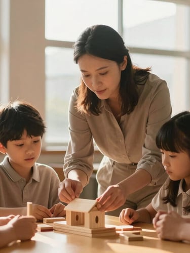 Candid medium shot of an elementary school teacher collaborating with young students over a wooden building project, soft golden hour sunlight filtering through tall windows.