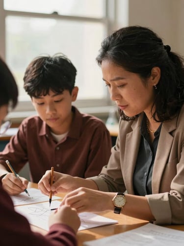 Candid medium close-up of a high school teacher guiding a student over a science project, warm natural window light, rich earthy tones, classroom background.