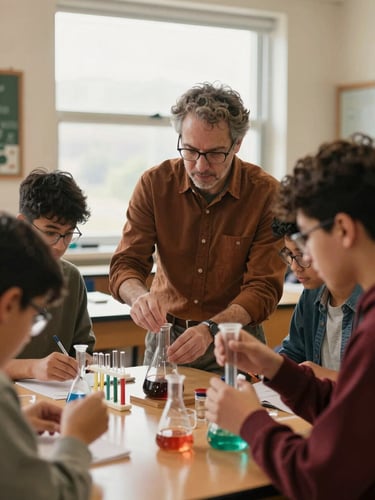 A candid portrait of a high school science teacher guiding students through a hands-on chemistry experiment, warm natural window light, authentic classroom setting.