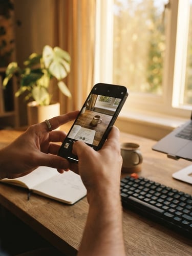 Close-up of a creator's hands filming a minimalist workspace setup with an iPhone, warm golden-hour light streaming through a window, shallow depth of field, 35mm film aesthetic.