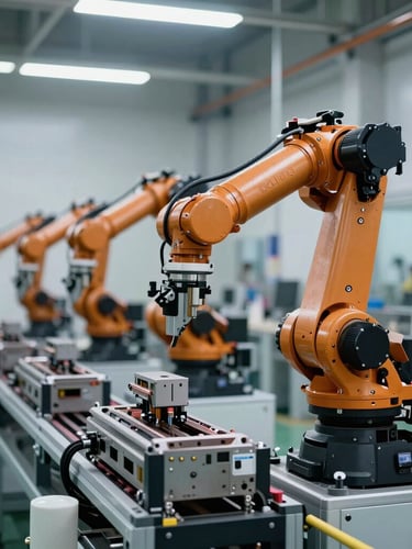 Orthographic view of a clean, automated robotic assembly line in a modern industrial facility, cool daylight illumination, metallic surfaces