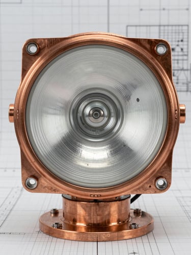 Orthographic front-on view of a heavy-duty die-cast copper-free aluminum explosion-proof light fixture, clean daylight, technical blueprint grid background