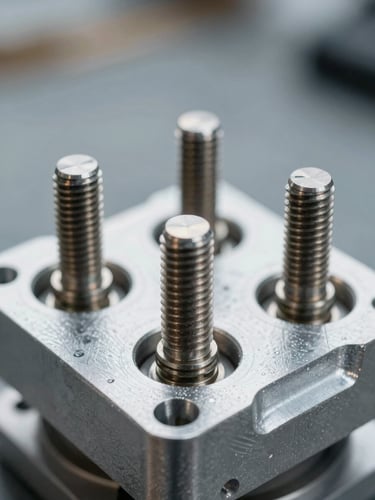 Macro technical shot of heavy-duty metal threads on a die-cast aluminum explosion-proof fixture, cool crisp daylight