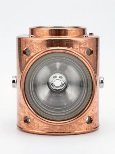 Macro technical close-up of a die-cast copper-free aluminum explosion-proof light housing, cool daylight, orthographic front view, pure white background