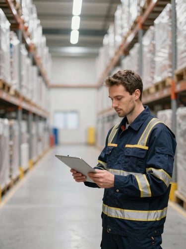 Professional warehouse worker in safety gear inspecting a modern, clean logistics facility in Europe, bright industrial lighting, focus on safety checks.