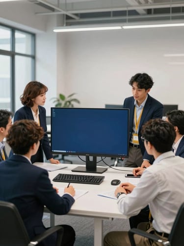Professional, bright office environment with a diverse team collaborating around a large monitor, clean lines, corporate navy and gold accents, crisp lighting.
