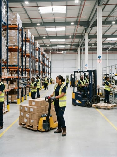 Wide shot of a modern, clean warehouse interior with diverse workers in professional safety gear, crisp lighting, focused on tasks, corporate navy and gold tones.