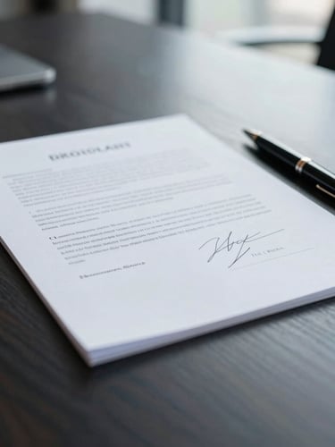 Close-up of a signed legal document on a dark wood desk, with a pen resting beside it, soft professional interior lighting, deep navy and slate tones.