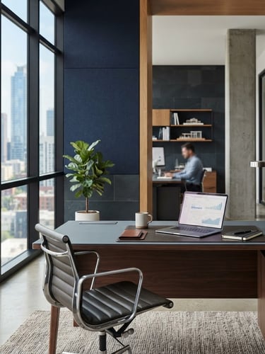 Modern corporate office interior with natural daylight, focus on a professional desk and architectural details, deep navy and slate tones.