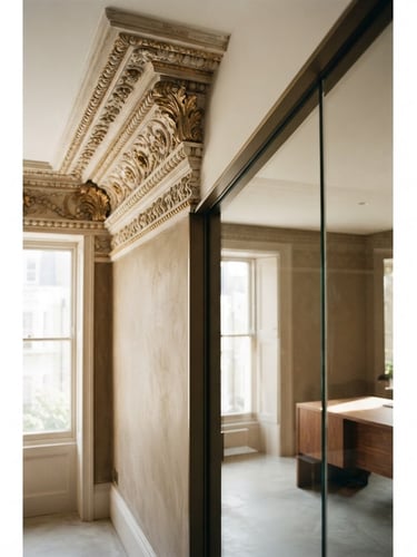 Striking vertical shot of a restored ornate plaster crown molding meeting a sleek, modern glass partition, establishing old-meets-new tension, soft natural window light, architectural editorial photography.