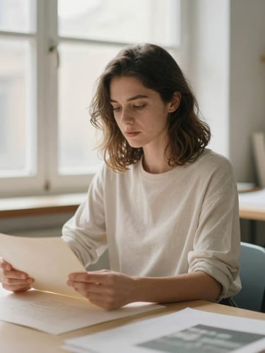 A quiet, authentic portrait of a female book designer in a sunlit editorial studio, soft natural window light, warm paper tones, shallow depth of field, 35mm