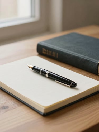 A minimalist workspace with an open notebook, a fountain pen, and a beautifully bound hardcover book resting on a wooden table, soft natural window light, warm paper tones, 35mm