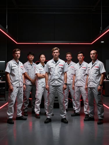 An organized group portrait of professional automotive technicians in clean uniforms standing in a spotless modern workshop, dramatic low-key lighting, sharp red rim light, high contrast