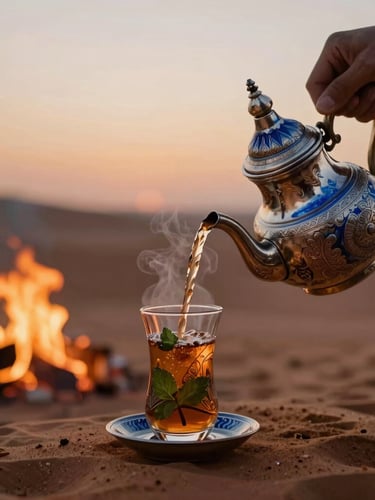 A close-up of hands pouring hot mint tea from a traditional silver teapot into a decorated glass, steam rising, warm firelight at dusk