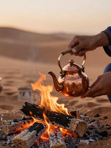 Close-up of hands preparing traditional Moroccan mint tea over glowing embers in a desert camp, warm firelight, soft focus on the copper teapot, rich terracotta tones.