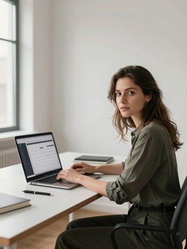 Wide environmental shot of a professional female creator seated at a clean studio desk, laptop open showing a content calendar, cool north-facing daylight from the left, neutral white walls, direct composed gaze toward camera, minimal workspace, no warm tones