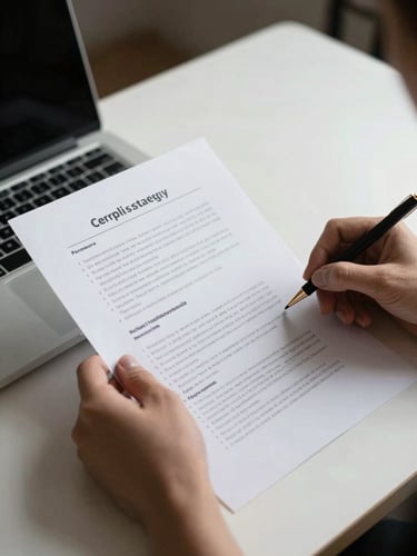 Close-up of hands reviewing a printed content strategy document on a clean white desk, a laptop edge visible in background, cool studio overhead lighting, high contrast, no warm tones, professional office environment