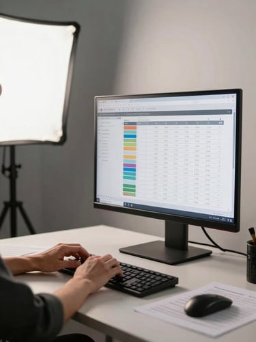 Close environmental shot of a professional studio workspace, hands on a keyboard reviewing analytics on a wide monitor, printed content schedule visible on the desk surface, cool studio strobe light casting precise shadows, neutral grey-white background, direct frontal framing, no warm tones, high contrast