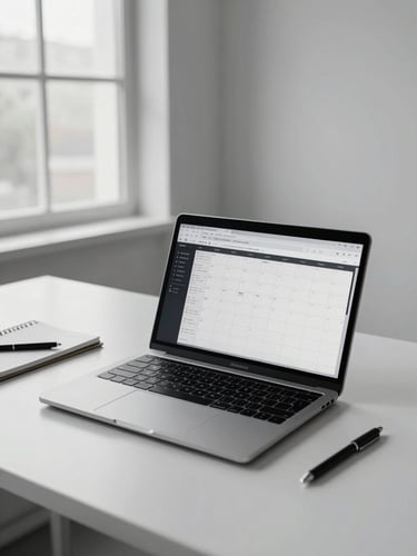 Wide environmental shot of a professional studio workspace, a creator's open laptop displaying a structured content calendar on screen, clean desk surface with a notepad and pen beside it, cool north-facing daylight from a large window to the left, high contrast, neutral tones of white and grey, no person visible, framed from slightly above
