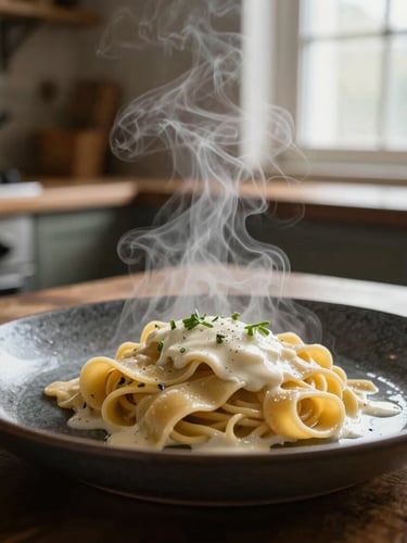 Moody close-up of steam rising from a freshly plated handmade pasta dish on a dark ceramic plate, soft side-lighting from a window, rustic wooden kitchen background.