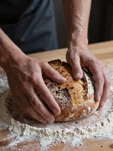 Close-up of hands kneading rustic sourdough bread on a flour-dusted wooden surface, soft natural side-lighting, moody shadows, Scandinavian style.