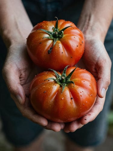 Close-up macro of hands holding freshly harvested organic heirloom tomatoes with soil residue, soft natural side lighting, moody shadows, Scandinavian style.