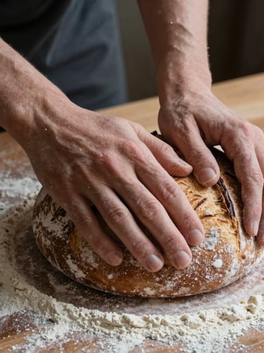 Close-up macro of hands kneading rustic sourdough on a flour-dusted wooden table, soft natural side-lighting, moody shadows, Scandinavian style.