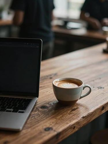 Portrait framing of a laptop resting next to a ceramic cup of espresso on a rustic wooden counter, soft natural side-lighting, moody shadows, quiet behind-the-scenes agency work.
