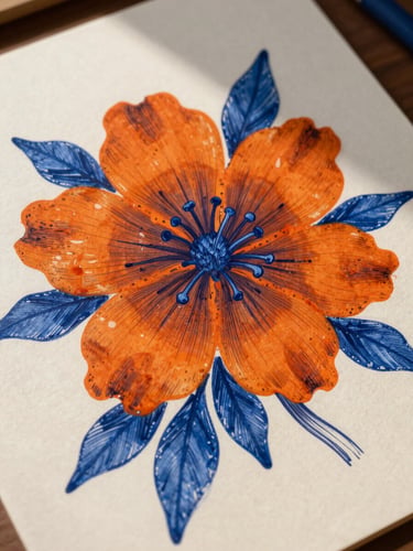 Close-up of a large-format hand-illustrated botanical study in progress, saturated gouache pigments on cream paper, vivid cadmium orange and deep indigo strokes, fine ink linework over wet color, natural side-window light raking across the surface, paper grain visible, no hands in frame