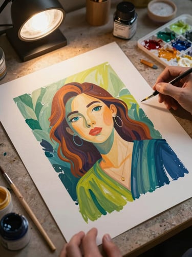 Overhead view of an illustration in progress on a studio table, saturated gouache colors mid-mix, a hand resting near the edge of the paper, vibrant warm light from a studio lamp, brushes and ink bottles visible at the corner