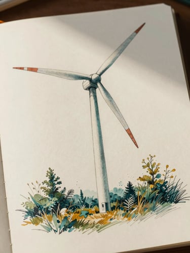 Detail study on cream paper, hand-drawn close-up of a single wind turbine base with surrounding flora, fine ink hatching and a wash of deep teal and ochre, natural light casting soft shadow across the upper corner