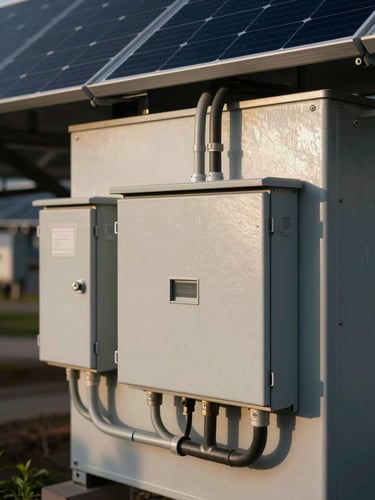 Close documentary shot of electrical junction boxes and conduit runs on the rear of a commercial solar panel array, late afternoon directional light casting hard shadows across metal surfaces, neutral industrial setting, no people