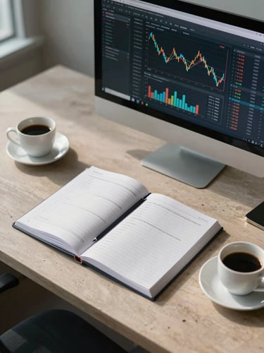 Wide environmental shot of a sparse professional workspace — an open ledger, a monitor displaying a financial dashboard, and a cup of coffee on a light stone surface, lit by cool north-facing daylight, no person visible, calm and ordered