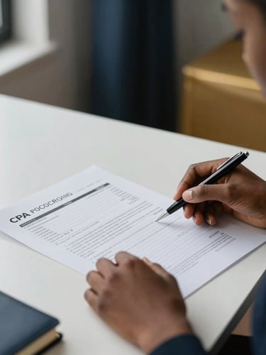 Close-up of a CPA's hands reviewing a printed financial statement at a clean organized desk, a pen resting on the page, cool daylight from a window at the left edge, dark navy notebook visible at the frame corner