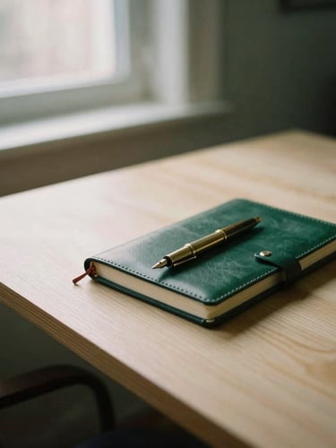 A structured wooden desk in a Chelsea studio, featuring a leather-bound notebook, a brass fountain pen, and soft directional morning light, 35mm film.