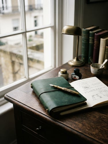 Moody editorial photograph of a structured desk setup on Radnor Walk, a leather notebook and an ink pen resting on dark wood under soft window light, 35mm film.