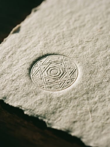 Moody close-up of heavy, textured cream paper stock embossed with a subtle geometric seal, soft directional window light casting deep shadows, 35mm film style.