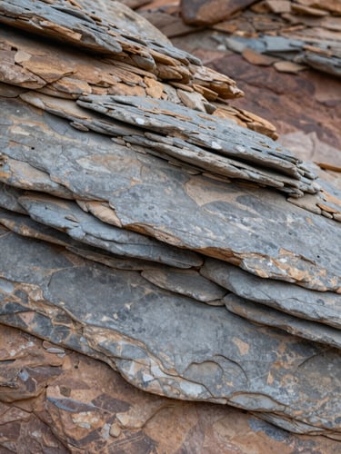 Macro abstract shot of layered natural Utah sandstone, cool grey and warm stone tones, diffused mountain light, highly detailed tactile texture.